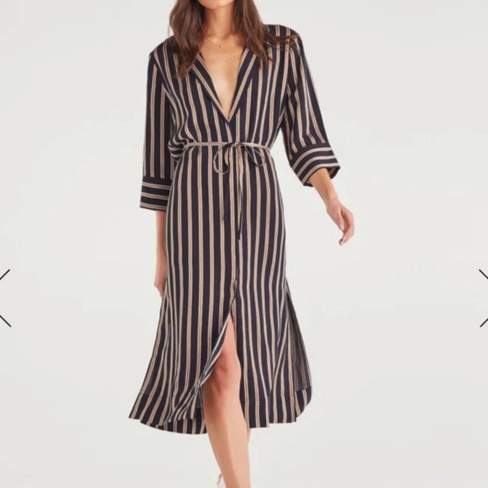 7 For All Mankind Navy and Tan Vertical-Striped Midi Dress